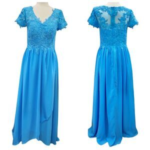 Elegant Blue Chiffon Lace Detail Maxi Bridesmaid or Wedding Guest Dress Size‎ 8